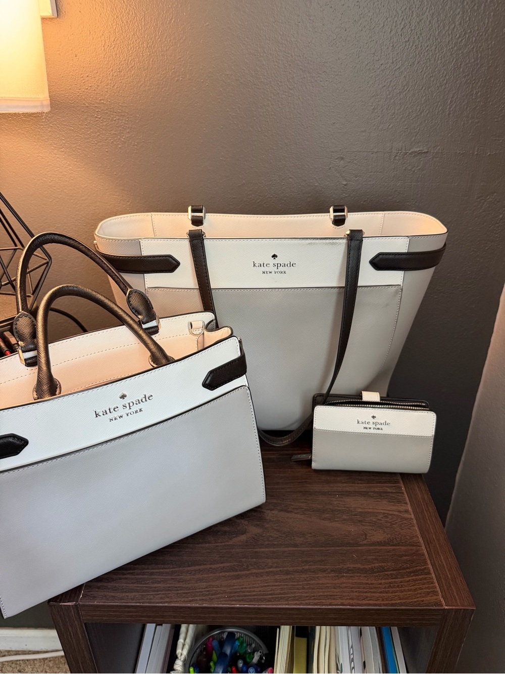 kate spade Cream and Black Leather Tote, Satchel & Wallet Set